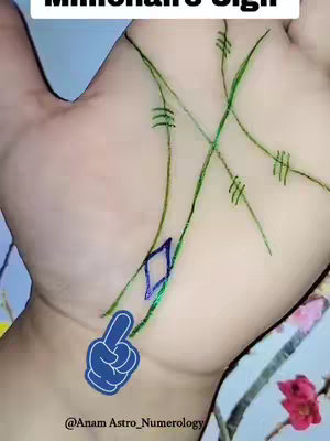 The image showcases a person's hand with lines and markings, presumably for a palmistry reading. The hand is positioned against a background that appears to be part of a floral pattern. The image has overlaid green and purple lines that indicate certain details with added elements like a thumbs-up emoji in the bottom left corner for emphasis, and text overlay indicating the topic discussed.