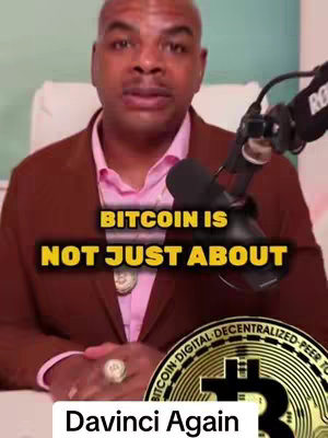 A man in a suit is speaking into a microphone, with overlaid text that reads \"Bitcoin is not just about\". In the bottom portion of the screen, the words \"Davinci Again\" are found in a white box.