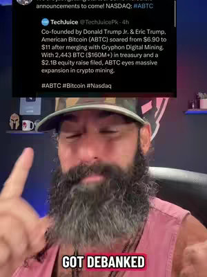 The cover image shows a man in a casual setting, likely filming a video. The man with a beard and a hat appears to be the speaker.  On the background, there's a news feed that mentions the Trump family. A red bar with white text, "GOT DEBANKED", is overlaid on the bottom of the man.