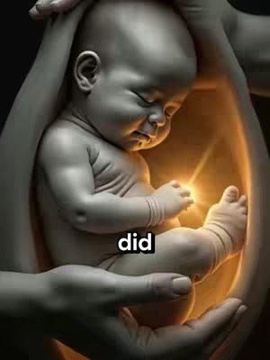 The image shows a photorealistic depiction of a fetus inside what appears to be a womb. It's held within the cupped hands of a pair of arms, presumably representing the parent, and the fetus is oriented head down, with light emanating from its abdomen or chest area. The background is dark, with the light focusing attention onto the fetus. The word \"did\" is overlaid on the image.