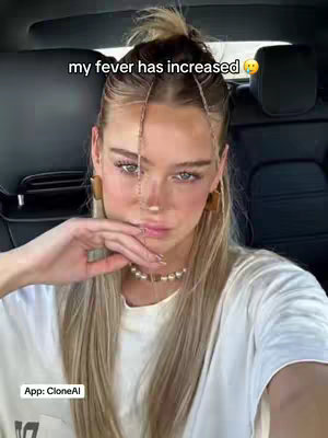 The cover image shows a young woman in a car. She is blonde with her hair up and wearing a white t-shirt and a pearl necklace. She has a serious expression with red blush on her cheeks. The words 'my fever has increased' are overlaid on the top left. The App name CloneAI is at the bottom left.