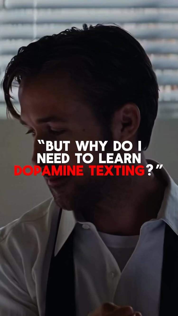 The cover image shows a man in a white shirt and black tie, looking down with a pensive expression. Bold red text overlays read, "BUT WHY DO I NEED TO LEARN DOPAMINE TEXTING?"