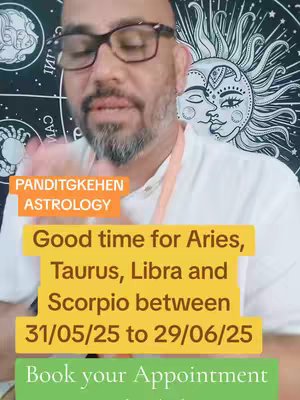 The cover image features a middle-aged man wearing glasses, positioned in the foreground. Behind him is a decorative backdrop with circular patterns and a sun-like design. Overlaid on the image are text boxes in yellow and green, providing astrological information. The man is the central figure, appearing to be speaking, with the background and text providing context.
