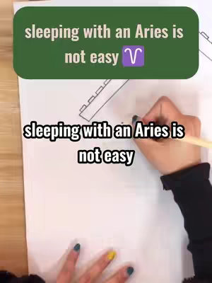 The image showcases a hand writing on a white paper. At the top is a rectangular green overlay with white text stating 'sleeping with an Aries is not easy' along with the Aries symbol. Below, the same text is written in black on the paper. The person's hand, with colorful nail polish, is visible, holding a pen.