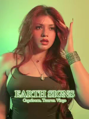 A young woman with long red hair and a surprised expression is the central focus against a softly lit green and yellow background. She wears a dark top and a bracelet, seemingly reacting to something off-camera, with text overlays indicating the video relates to Earth signs in astrology.
