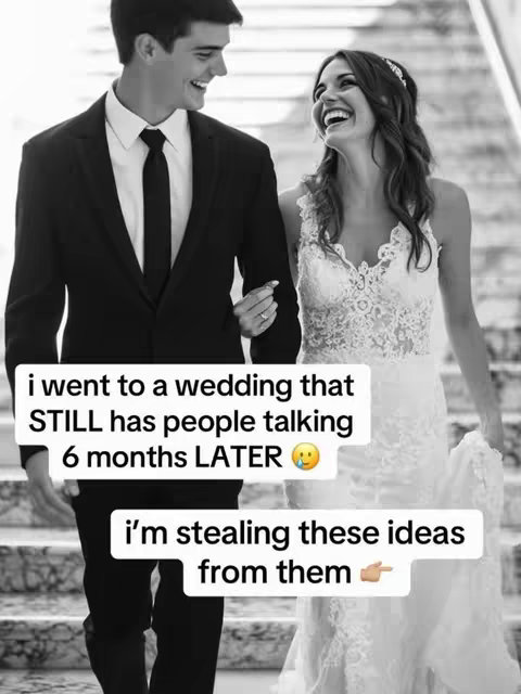 A black and white photo of a wedding. A man in a black suit and tie is arm-in-arm with a woman in a wedding dress. They are smiling and laughing. Text overlays describe the wedding and the desire to steal ideas.
