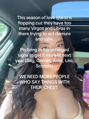 A woman in a car holds a can of purple soda. Text overlays her face, and the sun streams in from the top of the car.