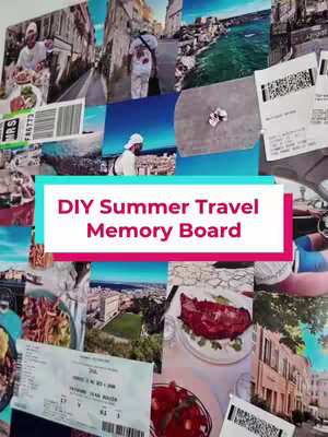 A collage of travel photos pinned to a wall, overlaid with a text box. The photos are of various scenic locations, people, and food items. The text overlay is in a rectangular box with a gradient background.