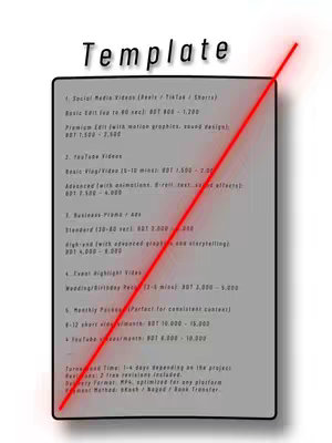 A grey document with black bordered paper shows prices of videos, the paper has a diagonal red line, with the word "Template" on top