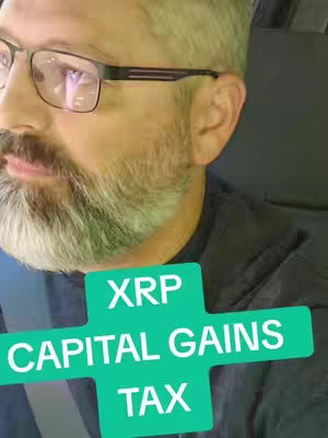 A close-up of a man's face wearing glasses, with a beard, and a text overlay in a teal plus sign shape. The text reads 'XRP CAPITAL GAINS TAX'.