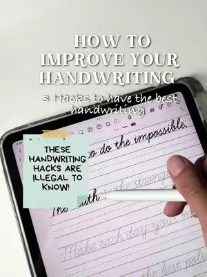The cover image features an iPad displaying handwritten notes with a digital pen, a sticky note, and overlay text on the top. The layout is portrait with the iPad taking up the majority of the space, the digital pen on the side. The color palette is neutral, with white, light grey, with a pop of yellow from the sticky note. The overall composition centers around hand lettering tips.