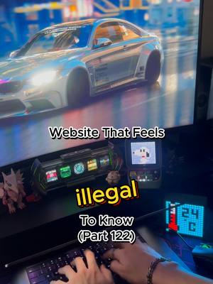 The cover image features a person typing on a keyboard. The background includes a monitor displaying a car scene from a video game and some decorative items. A large text overlay declares, 'Website That Feels illegal To Know (Part 122)' in bold, color-blocked text.