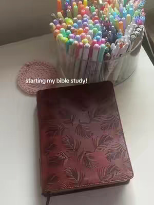 The image features a collection of colorful markers in a clear glass container on a white surface. A closed, dark red Bible with a subtle leaf pattern is positioned in front of the markers. In the lower left corner, there's a small, pink, crocheted coaster. The text 'starting my bible study!' is overlaid on the image, and the overall composition highlights materials used for studying.