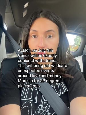 A selfie of a woman in a car looking at the camera with overlaid text about astrology, with a neutral background.