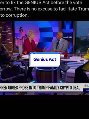 The cover image shows a split-screen news broadcast, with three individuals seated at a table. A text overlay reads 'Genius Act', highlighting the focus of the discussion. Below the image the bottom part of the screencast reports a news ticker with information in large text.