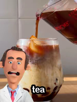 The cover image shows a claymation doctor reacting to a glass of what appears to be bubble tea. The doctor is in the foreground with a surprised expression, and the bubble tea is being poured, with the liquid cascading into the glass, which contains layers. The composition is set against a blurred background.