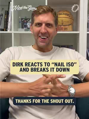 The cover image features a man, presumably Dirk Nowitzki, smiling while looking directly at the camera. The background is a shelf with books and a basketball. There are text overlays at the top and bottom of the image.