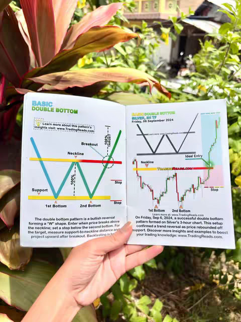 A hand holding open a book with trading charts and diagrams against a background of vibrant red and green foliage and a glimpse of a building. The book's pages display detailed financial analysis graphics, including chart patterns explained in text, with a focus on the double bottom pattern. The overall composition is bright, educational, and visually appealing, suggesting financial literacy content.
