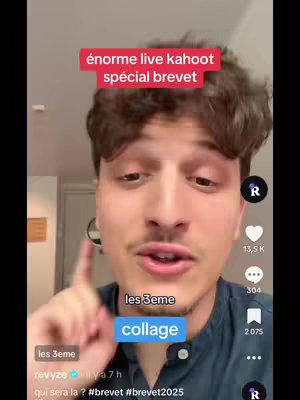 A young man with short brown hair is the main subject of this vertical video cover image. He is looking directly at the viewer with a slight smile. The background appears to be an interior space. Overlaid on the image are several text elements. The primary text element is in a red rectangular shape at the top that reads "énorme live kahoot spécial brevet." Below this, a smaller white text box reads "les 3eme" and finally, in a brighter blue text box, "collage". At the bottom of the image, there is a social media interface component, including a profile icon, a title, and several interactive icons like "like" and "comment". The general composition is a close-up shot centered on the man's face, drawing focus to his expression.