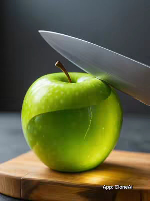 The image shows a green apple resting on a wooden cutting board. A large kitchen knife is positioned above the apple, appearing to be slicing through its side. The apple has a cut section, and the background is a dark, blurred surface. The composition creates a close-up, focused shot.