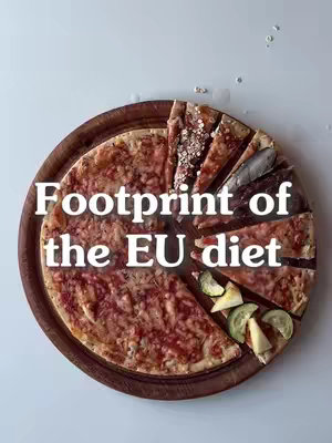 A top-down shot of a pizza-like graphic on a wooden board. The pizza is sliced into uneven pieces, with the toppings varying per slice, symbolizing a pie chart. Text overlayed says 'Footprint of the EU diet'. The background is a plain, light colored surface.