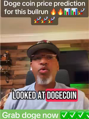A man wearing glasses and a baseball cap is in front of a wooden-paneled wall. Text overlays indicate a prediction about Doge coin, with fire and chart symbols in the background, and a hook at the bottom.