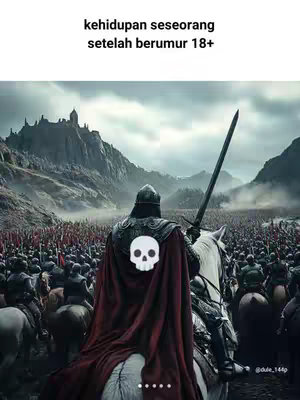The image depicts a warrior on horseback leading an army. The warrior, seen from the back, wears black armor and a dark red cape with a skull emblem. In the sky above mountains appear faded. The overall tone is of fantasy or historical drama.
