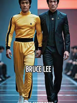 The cover image is a split image, with two identical images of Bruce Lee walking on a runway. On the left, he's in a yellow tracksuit. On the right he is in a black suit. Text 'BRUCE LEE' is added in white on a black box positioned in front of the him.