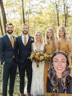 The image shows a wedding party, with a bride, two bridesmaids, and two groomsmen. The bride is holding a bouquet and the wedding party is standing in front of a blurred green background. The creator's face is in the bottom right corner.