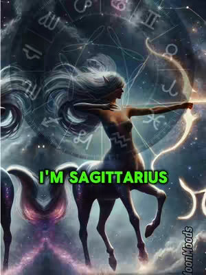 An illustrated depiction of a Sagittarius symbol, a centaur archer aiming a bow and arrow at the upper right, set against a nebula and astrological chart background. The text overlay says, 'I'M SAGITTARIUS' in bright green.