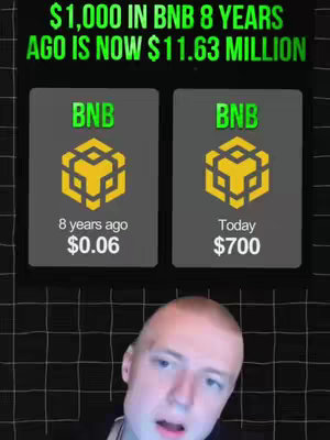The cover image is a split screen showing financial data overlaid on an image of a man's face. The top half of the screen shows the text "$1,000 IN BNB 8 YEARS AGO IS NOW $11.63 MILLION" in green text. Below, there are two rectangular boxes. The left box shows the BNB logo, and the text "8 years ago $0.06".  The right box has the BNB logo, and the text "Today $700". The bottom half of the image is of a man with a shaved head, looking up at the camera with his mouth slightly open.