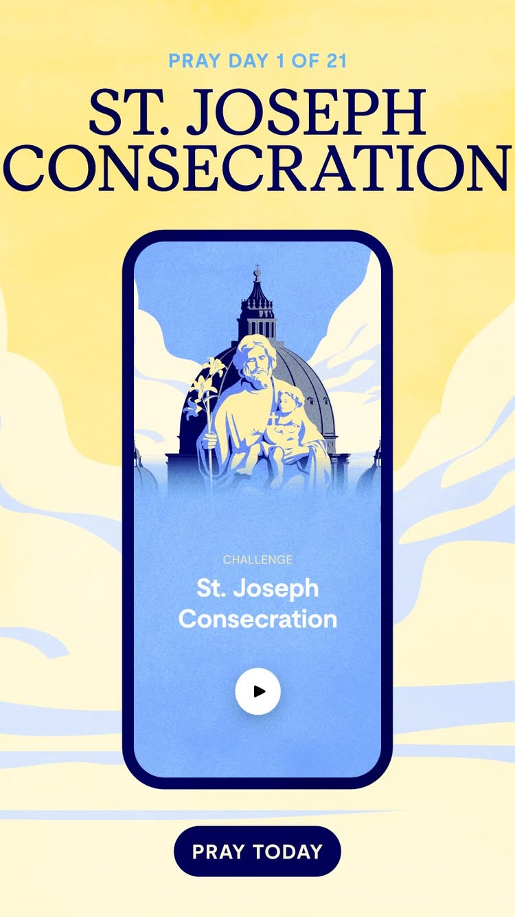 The image is a vertical graphic with a yellow and blue color scheme. It features a light blue, phone-shaped element in the center, displaying an illustration of St. Joseph and the Christ Child, with architectural elements of what appears to be a cathedral in the background. Text overlays, which are in a bold, navy font, include 'Pray Day 1 of 21,' 'St. Joseph Consecration,' and 'Challenge St. Joseph Consecration' on a blue backdrop. A rounded navy button at the bottom center says 'Pray Today.' The background transitions from a bright yellow at the top to a lighter blue at the bottom.