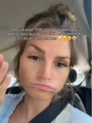 A woman is in a car, looking directly at the camera with a slightly exaggerated, dubious expression. She has her hair up in a messy bun. Overlayed text appears at the top of the screen.