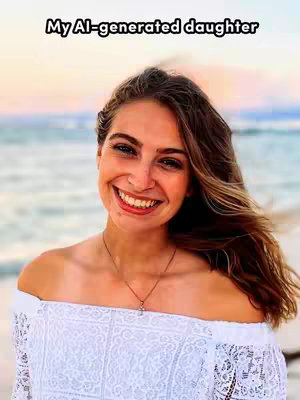 A close-up shot of a smiling woman with long brown hair, wearing a white off-the-shoulder top and a necklace. She is standing on a beach with a blurred background of sand, ocean, and a colorful sky at sunset or sunrise. The overall composition is bright and cheerful.