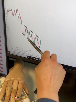 The cover image features a computer monitor displaying a stock chart with red and green lines. A hand with a pen is pointing at the chart, and a wooden hand is visible beside the chart, next to a stack of money.