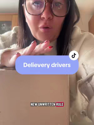The cover image features a woman with glasses, positioned in front of a cardboard box. Overlay text reads "Delivery drivers" in a rounded blue box and "NEW UNWRITTEN RULE" at the bottom. The background is a blurred interior setting.