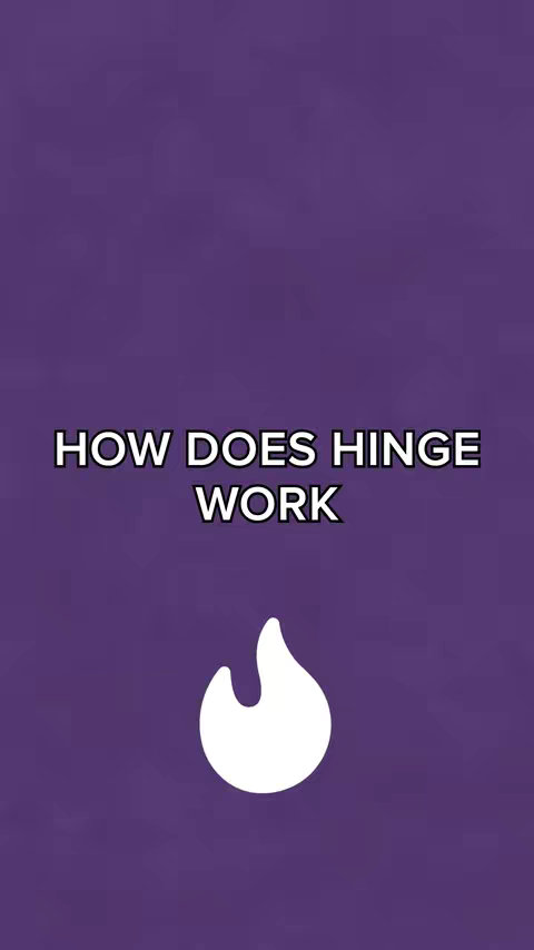 A vertical image with a solid purple background featuring white text that reads "HOW DOES HINGE WORK" in a bold, sans-serif font. Below the text is a simplified flame icon, white in color, representing the Hinge app logo. The text and the logo are centered on the image.