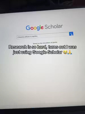 The cover image displays a laptop screen showing the Google Scholar website. Below, a text overlay states, "Research is so hard, turns out I was just using Google Scholar  😂🙏". The layout is simple with the website taking up most of the screen, and the text overlay at the bottom.