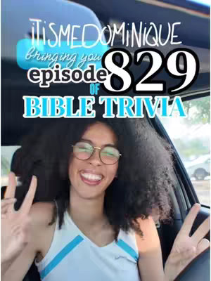 A selfie taken inside a car with the creator in the foreground and textual overlays. The creator is a woman with curly dark hair, fair skin, glasses, and a white tank top with blue accents. She is smiling with her mouth open and giving a peace sign with both hands. The background shows the car interior, part of the windshield, and a glimpse of the outside environment. Text overlays include her username, episode and 'Bible Trivia'. Color tones are natural, and the image is well-lit.