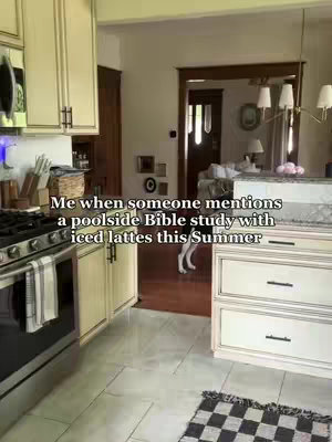 An interior shot of a kitchen with a dog in the background and text overlay on a bright background.
