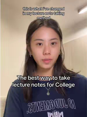 A young woman with long dark hair is centered in the frame, looking directly at the camera. Above her head, white text highlights a video hook. Below, the title "The best way to take lecture notes for College" is printed. She wears a dark blue shirt with white text, set against a blurred off-white background.