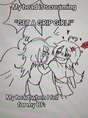 An anime-style line drawing shows two figures, possibly female, in an embrace. One figure, with wild hair, is yelling, while the other is smiling with an arrow through a heart above their head. Text overlays detail the figures' thoughts and feelings.