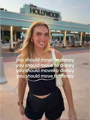 A woman with long blonde hair smiles in front of a Disney's Hollywood Studios entrance with repeated text overlay.