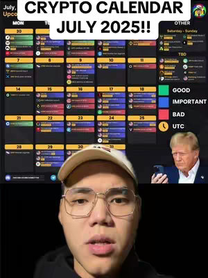 The cover image features a split composition. In the upper portion, a calendar titled 'CRYPTO CALENDAR JULY 2025!!' dominates, showing dates and events, color-coded for importance. Below the calendar is a man, wearing glasses and a cap, looking at the camera. A picture of Donald Trump observing a phone is partially seen in the background.