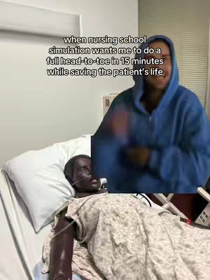 The image features a woman in a blue hoodie standing in front of a hospital bed with a medical dummy. Text overlays describe a humorous scenario about a nursing school simulation.