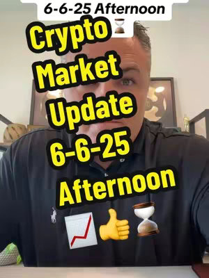 A man is in the center of the image with overlaid text. The text says 'Crypto Market Update' and specifies the date and time. There are also emojis representing a chart going up, a thumbs-up, and an hourglass.