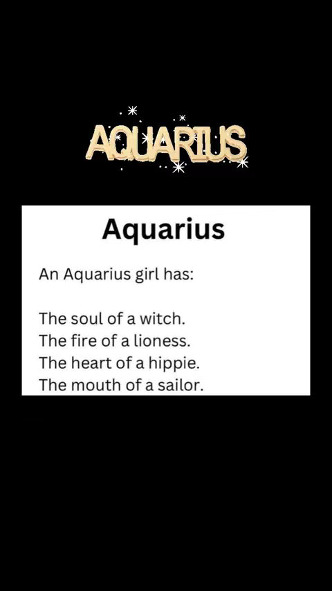 The cover image is a vertical graphic with a black background. At the top, the word "AQUARIUS" is displayed in a gold, slightly 3D font, with white star-like shapes around it. Below this is a white box containing the title "Aquarius" in a bold, black font. Underneath the title is a list of four lines, each starting with a bullet point followed by a description of an Aquarius girl.  The text is in black, readable font.