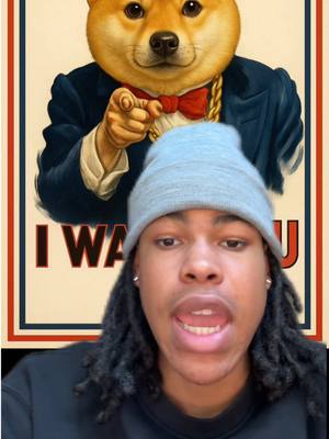 A young Black male with long dreadlocks and a grey beanie is in the foreground. Behind him is a parody of the "I Want You" Uncle Sam poster, with a Shiba Inu dog as the central figure. The text "I WANT YOU" is visible in the image.
