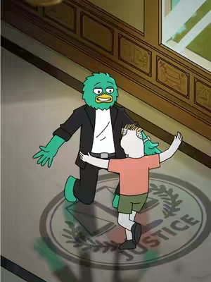 An animated image shows two cartoon characters. One is a green-skinned humanoid with a duck-like beak, wearing a black suit with a white shirt. He is kneeling with arms outstretched. In front of him is a fair-skinned boy with blond hair, arms open to embrace the figure. They are on a polished floor with the words 'Justice' partially visible in a circle.