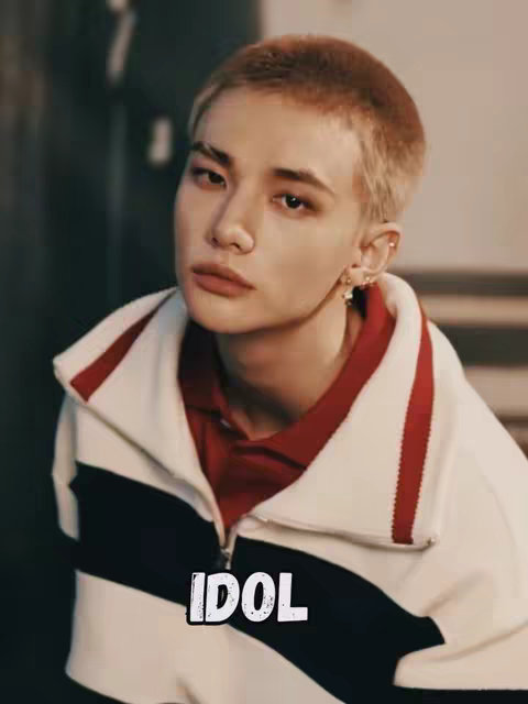 The image shows a fair-skinned man with short, lightly-colored hair and styled eyebrows. He wears a white zip-up jacket with a black and red accent design over a red shirt. The word 'IDOL' is displayed in a block font at the bottom of the image.